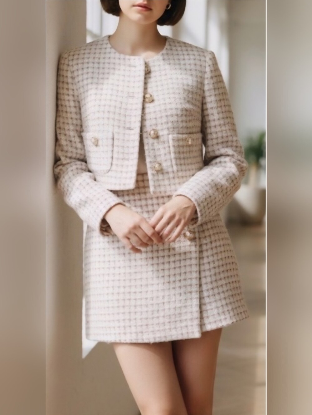 House of Harlow 1960 | Cream and pink Tweed Two-Piece Set (Mini Skort & Jacket)